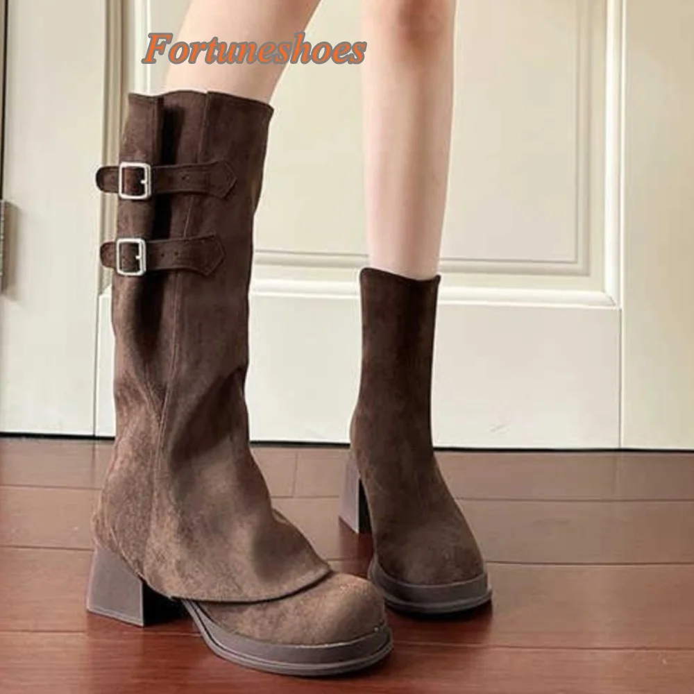 

Back Zipper Chunky High Heel Women Boots Belt Buckle Knee High Solid Round Toe Boots Fashion Casual 2025 Newest Autumn Pumps