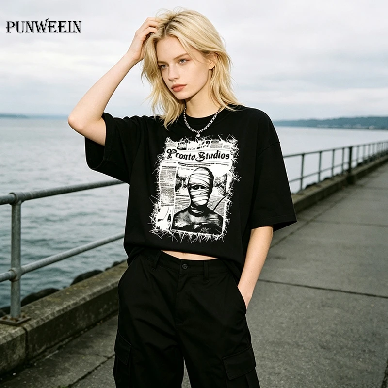 Oversized Gothic Mummy Newspaper Print T Shirt Y2K Hip Hop Streetwear Cotton Short Sleeve Top Summer Harajuku Aesthetic Clothing
