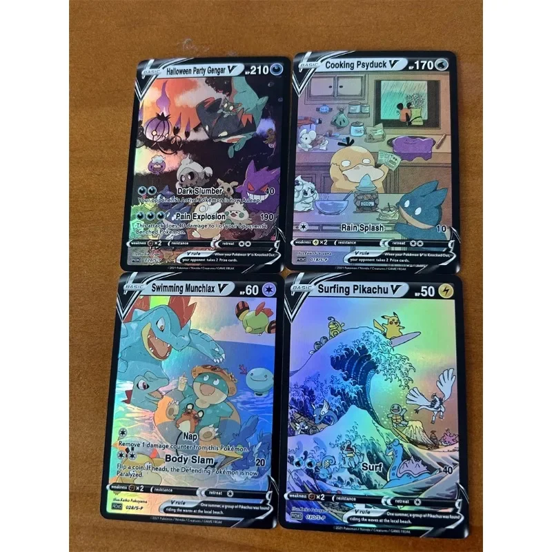 4 Stks/set Pokemon Halloween Party Gengar Koken Psyduck Zelfgemaakte Refractie Flash Kaart Anime Klassiekers Spel Collectie Kaarten Speelgoed