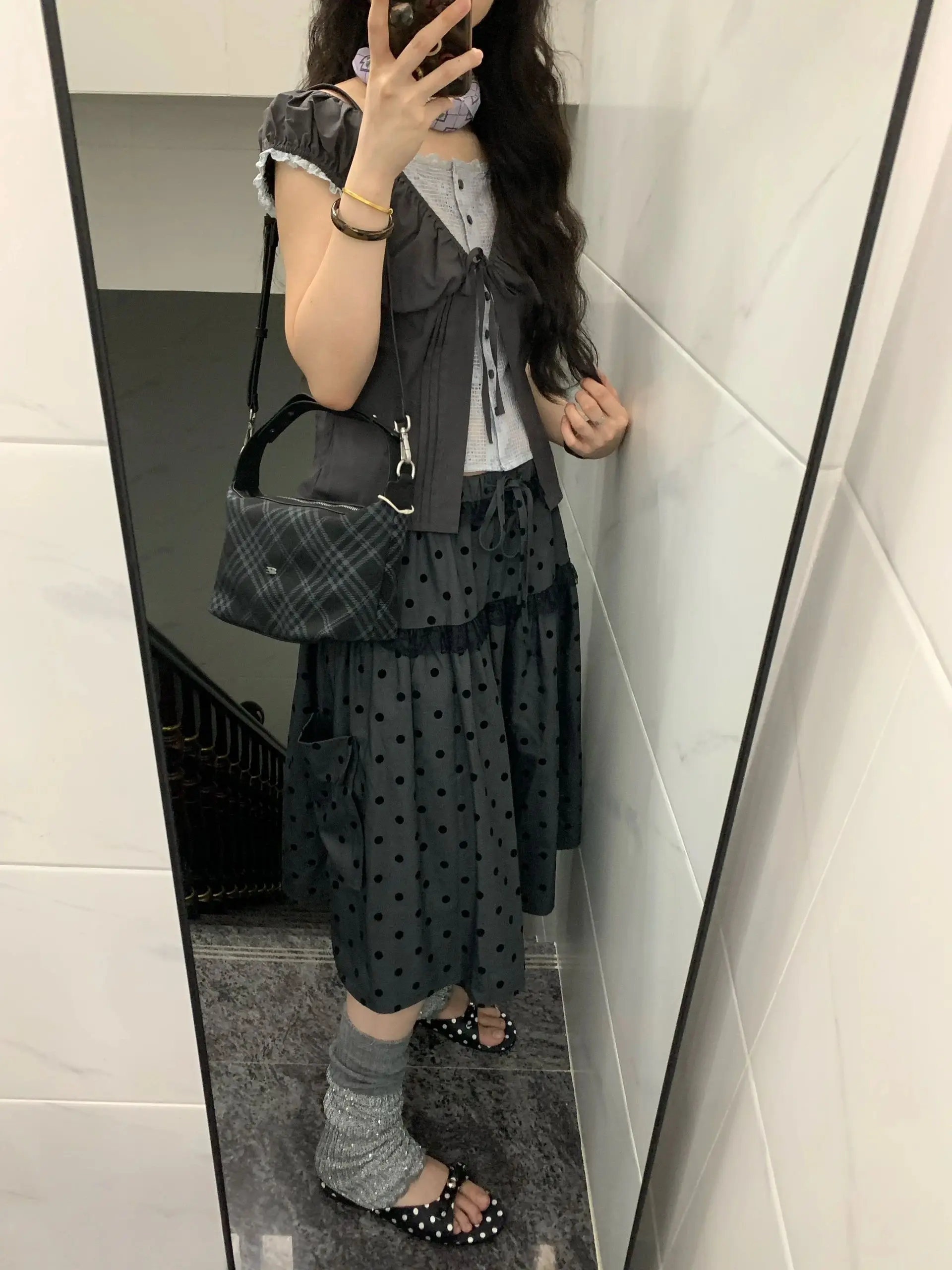 Setelan Atasan dan Rok Vintage Motif Polka Dot untuk Musim Panas, Model Patchwork, Busana Wanita Kasual, Bahan Campuran Poliester yang Nyaman dan Bernapas