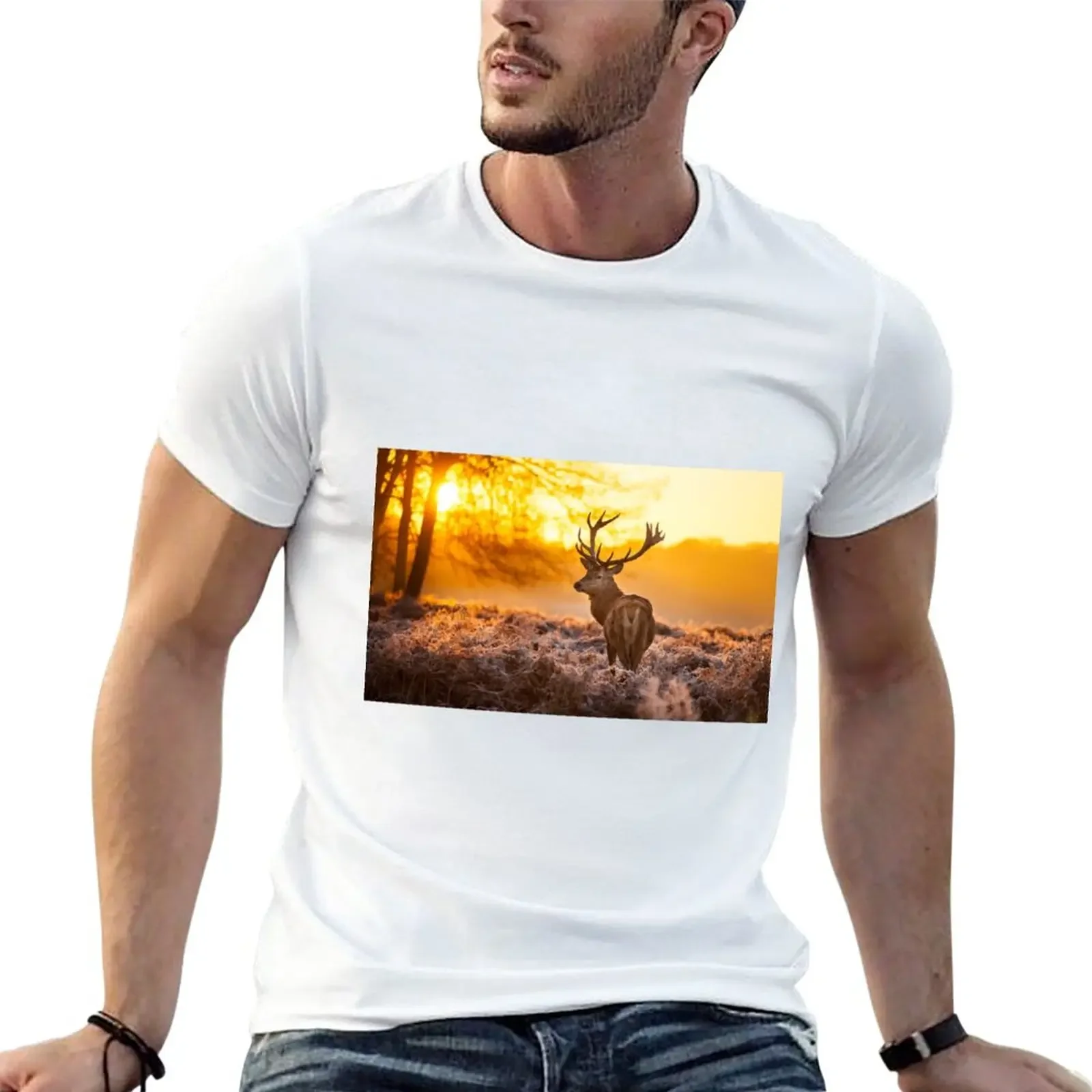 Sunrise Majestic Buck Deer With Antlers T-Shirt heavyweights sports fans men t shirt