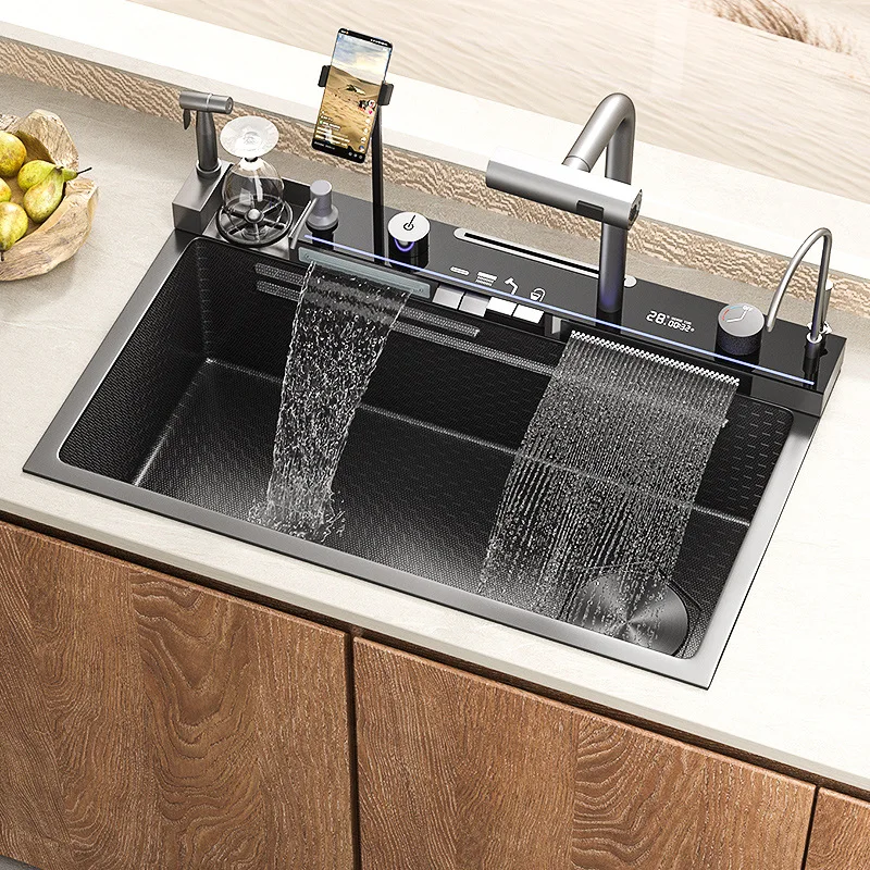 

Stainless Steel Waterfall Kitchen Sink Honeycomb Scratch Resistant Right Drain Single Wash Large Basin Slot Smartphone Holder