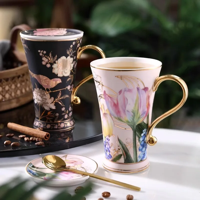 

Rural Ceramic Mug with lid spoon Flower Bird Patterns Water Cup Milk Drinkware Household cups