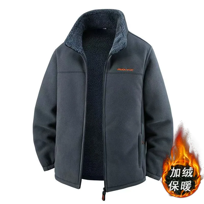 

Men's Fleece Thicken Jacket Stand-up Collar Windproof Zipper Sports Warm Coats Embroidery Polar Velvet Thermal Sweatshirt Coats