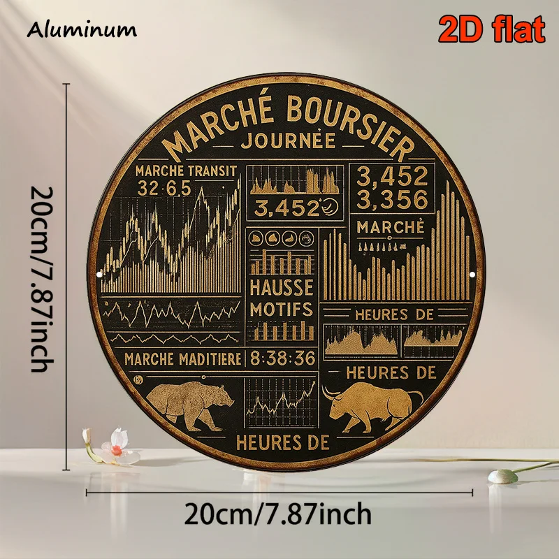 2D Flat - A Round Aluminum Sign in French, Measuring 8X8 Inches, Featuring a Vintage Decorative Plaque Related to Stock Market C