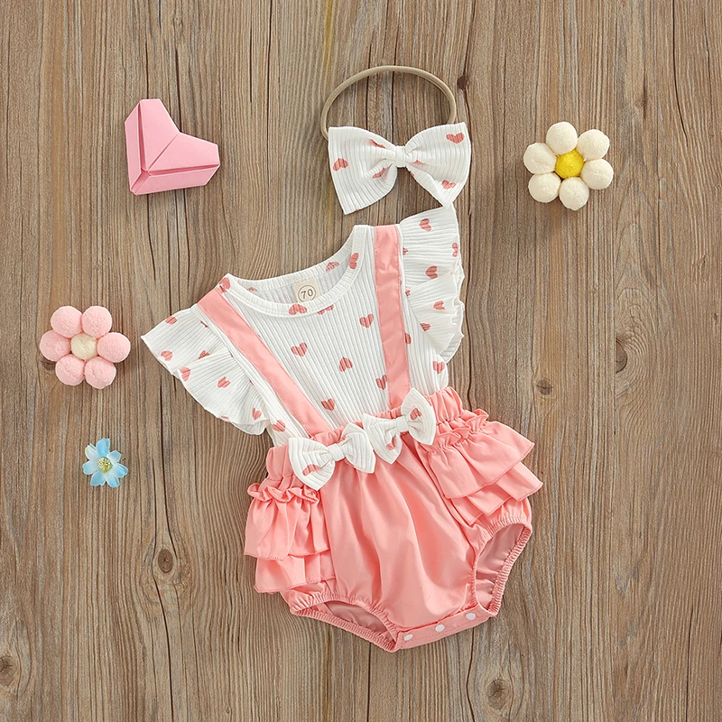 Summer Newborn Baby Girl Valentines Day Outfit Heart Printed Ruffle romper Short Sleeve Bodysuit Bow Headband Clothes