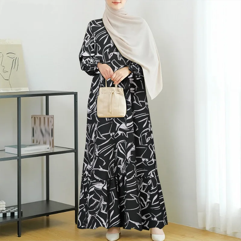Women Elegant Geometric Print Ruffled Long Dress Fashion Summer Long Sleeve O-neck Dubai Turkey Abaya Muslim Dress Women Robe