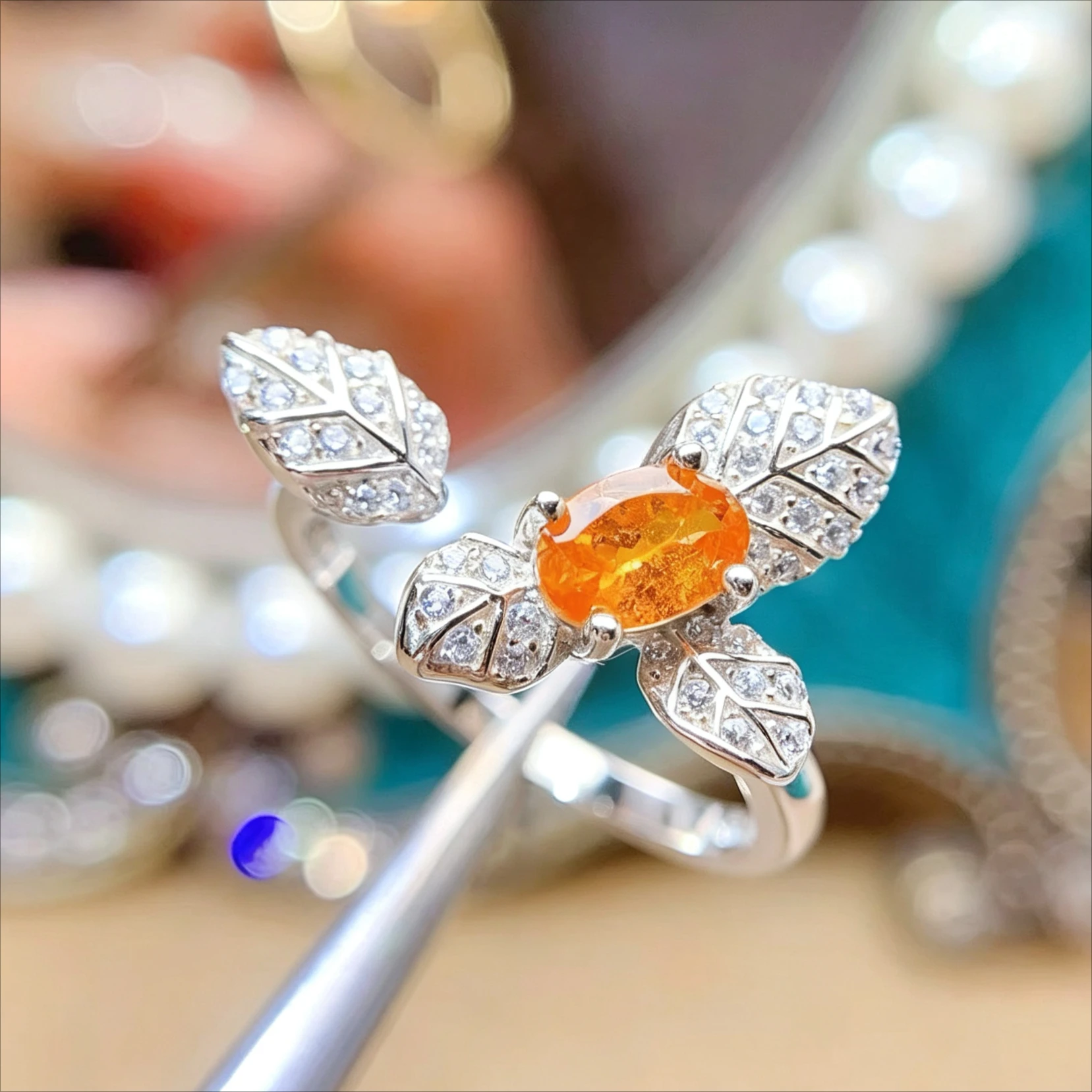 Adjustable 925 Silver Leaves Ring 4x6mm 0.5ct Natural Fanta Garnet Ring with Certificate Silver Mandarin Garnet Jewelry