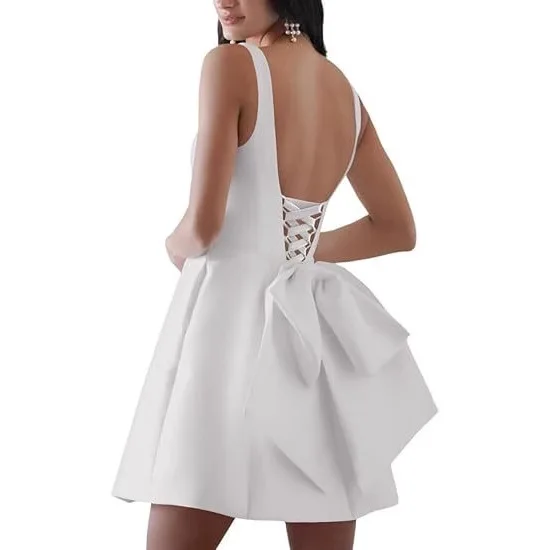 

White Simple Cocktail Party Dress Satin Fabric Strapless Formal Banquet Dress round Neck Low Waist Synthetic Fiber Adult Cere...