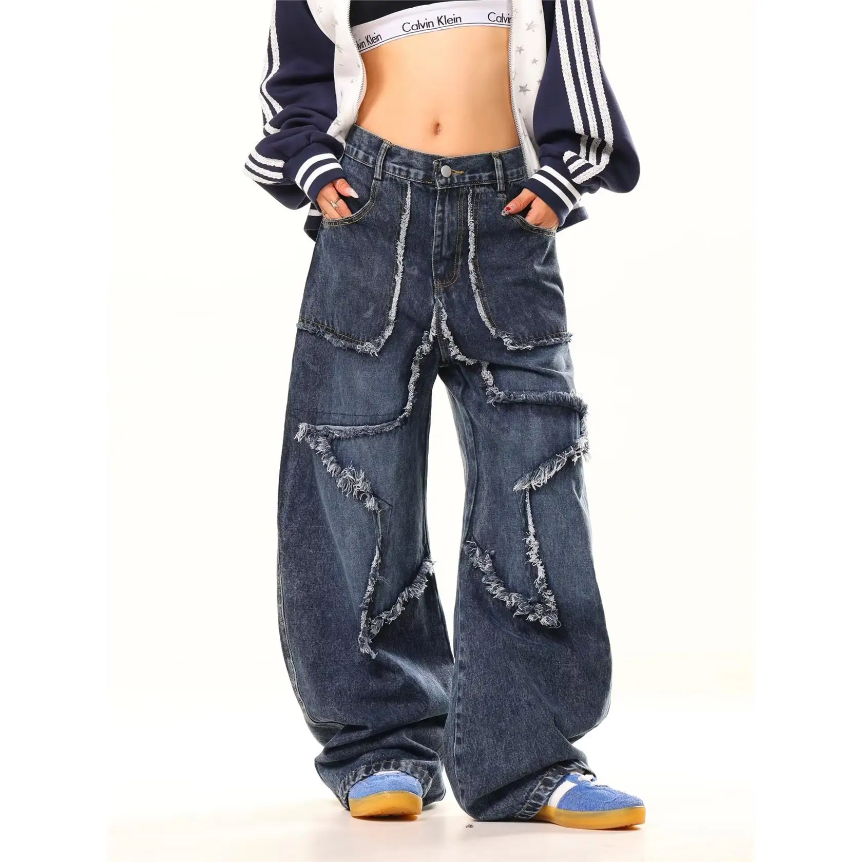 

Loose Casual High Waist Straight Leg Jeans Women's Frayed Hem Denim Pants Asymmetrical 3D Effect Comfortable Fit for Autumn W...