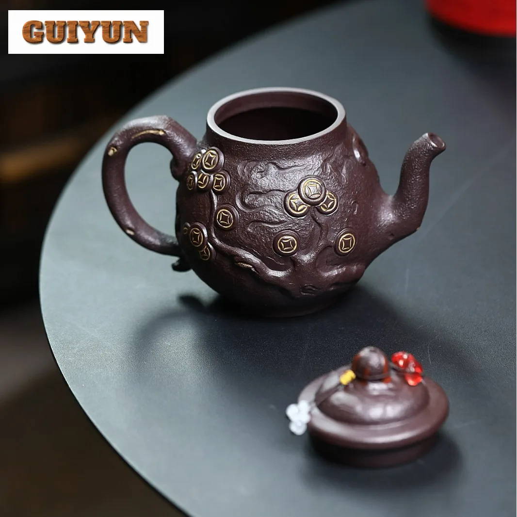 390ml Aesthetic Yixing Purple Clay Teapot Handmade Auspicious Beast Pot Raw Ore Purple Mud Kettle With Infuser Zisha Teaset Gift