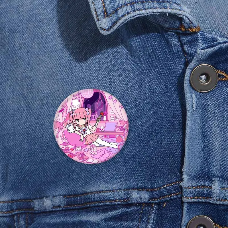 Y2K Cartoon Figure Menhera Chan Soft Button Pins Kawaii Anime Tinplate Snap-in Brooch Badge Backpack Accessories Jewelry Gift