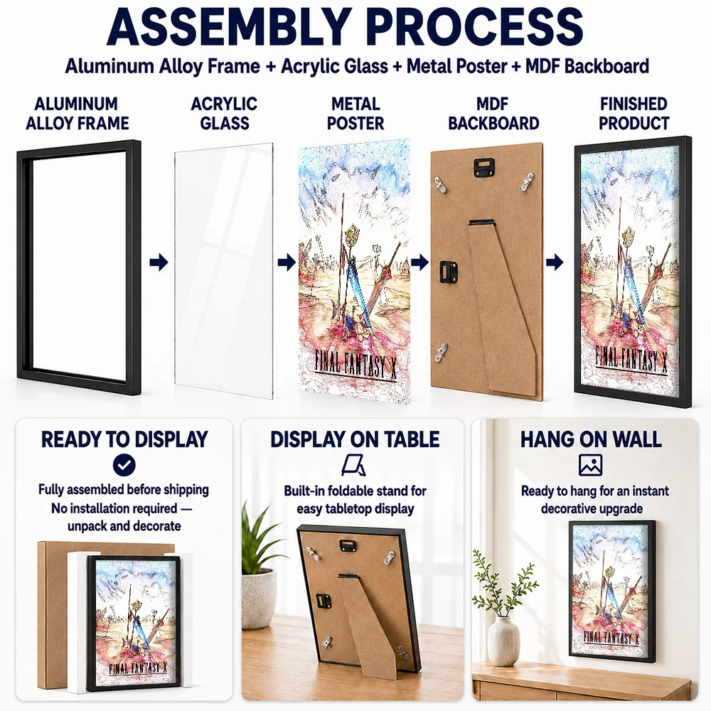 Final Fantasy X Weapons And Moogle Framed Metal Print Customized Photo Heroic Quest Style Wall Art For Home Office Player Gift