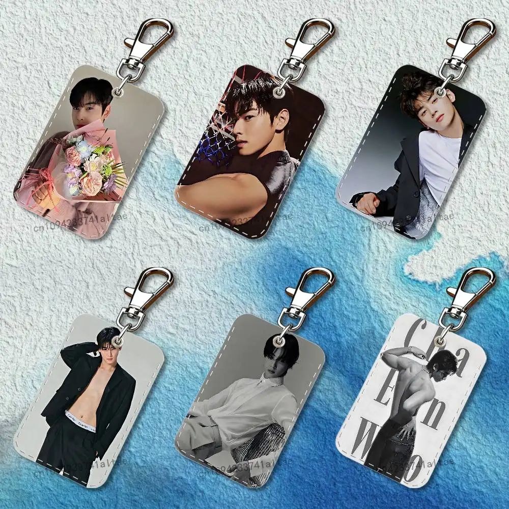 

Singer Cha E-EunWoo Rectangle Card Case Leather Card Holder Keychain Key Ring Transportation Card Case
