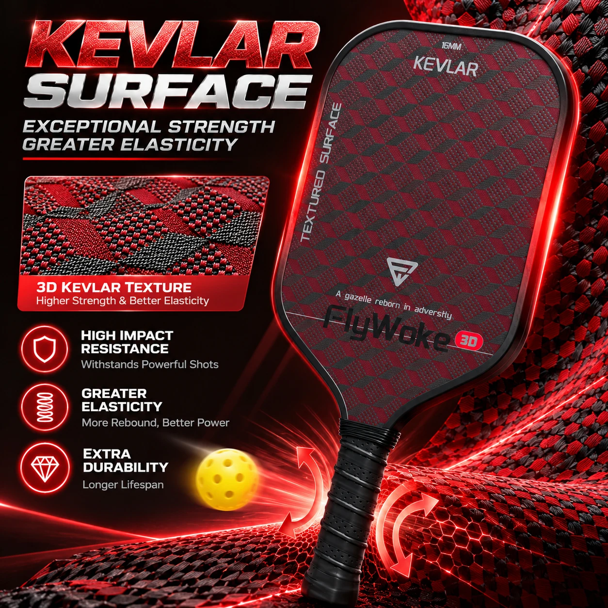 FlyWoke 3D Texture Kevlar Carbon Fiber Pickleball Paddle with Cloth Matte Finish Offensive Control-oriented Design