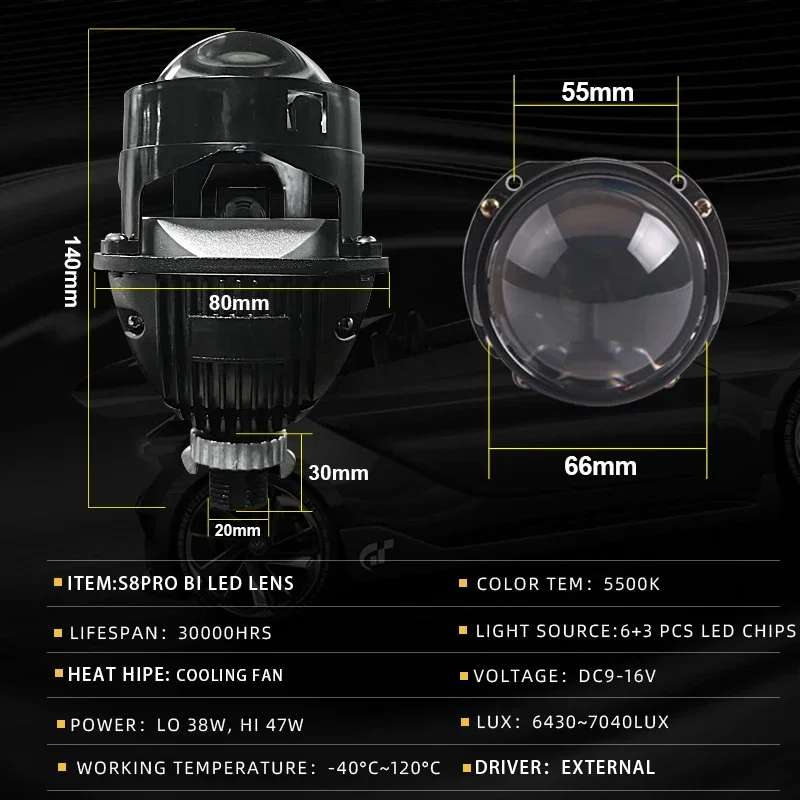 SANVI 2.5 inches Dual Chips  Bi LED Projector Lens Headlamp for Car 47W 5500k  H4 H7 9005 9006 Auto LED Headlamp