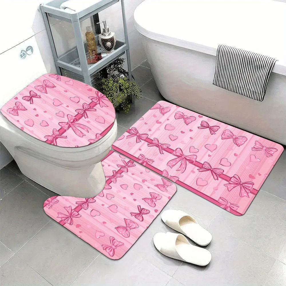 

3pcs Valentine's Day romantic pink bow pattern printed bathroom rug set, made of high-quality flannel material, soft and comfort