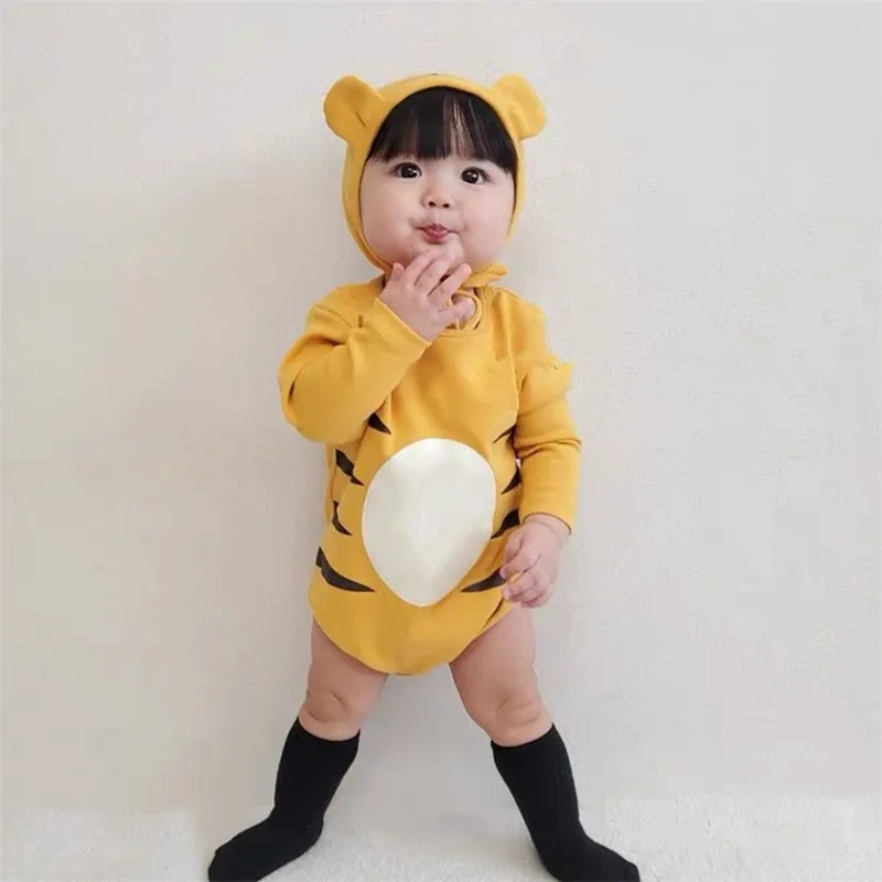 2023 Spring New Baby Cartoon Tiger Bodysuit + Hat Infant Boys Girls Cute Tiger Clothes Fashion Animal Modeling Baby Jumpsuit