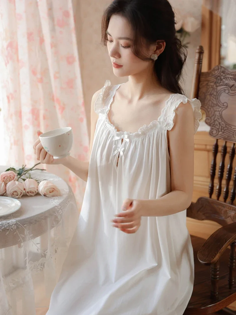 Women White Summer Cotton Sleeveless Night Dress Long Nightdress Sweet Lace Peignoir Victorian Nightgowns Princess Sleepwear