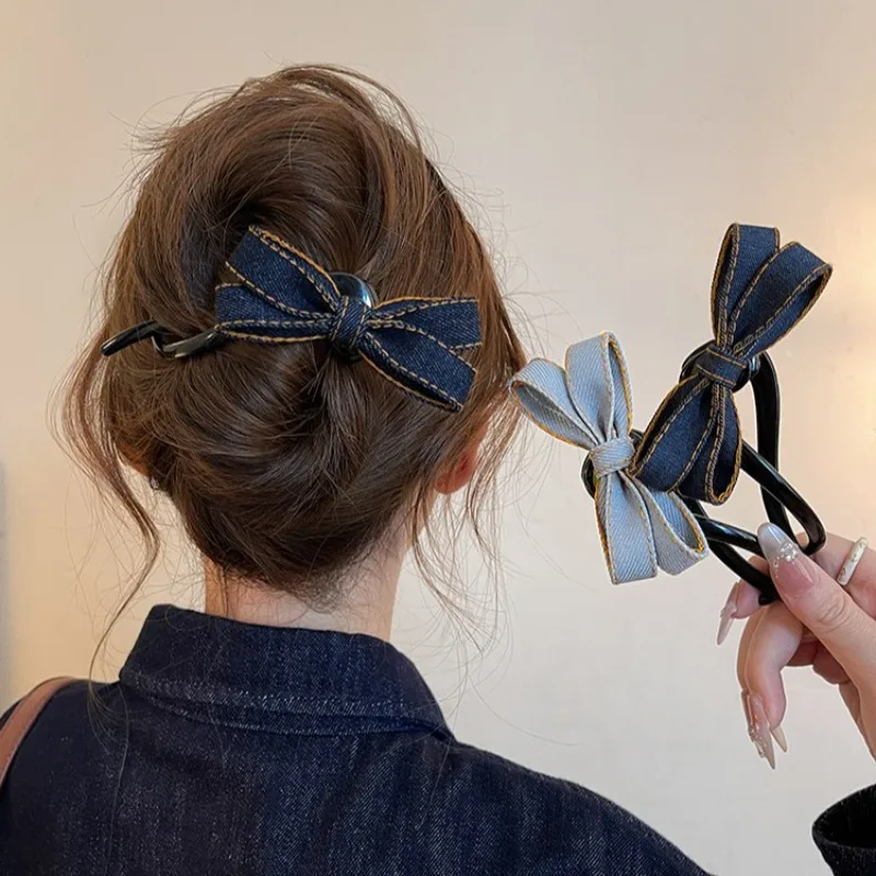 

Korean Cowboy Fabric Bow Twist Clip Temperament Back of Head Ponytail Clip Women Fashion Versatile Hair Styling Clip Accessories