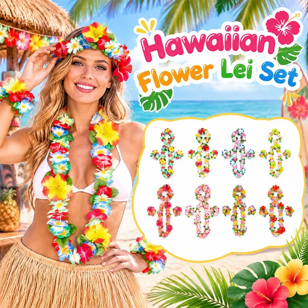 4Pcs/Set Artificial Petal Flower Leis Garland Elastic Band Portable Petal Headband Reusable Hollow Out Design Hawaiian Lei Set