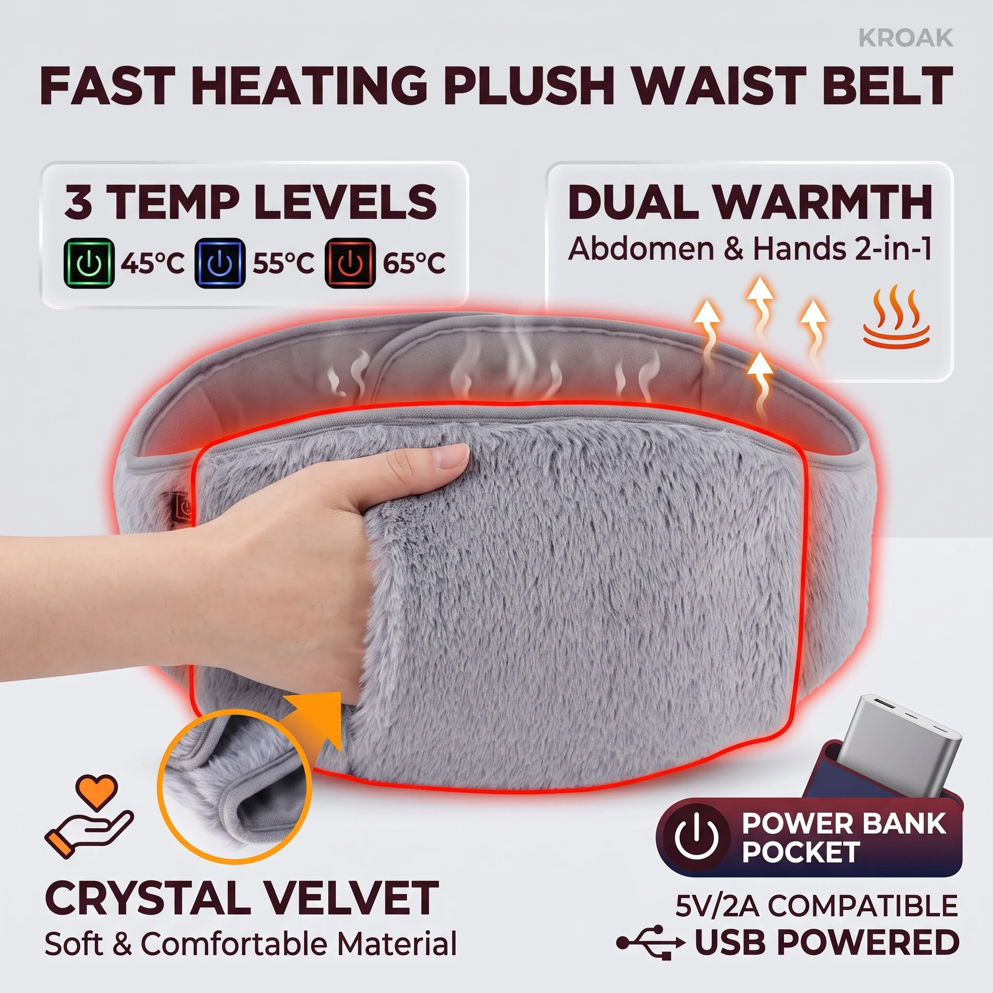 Heated Waist Belt with Hand Pockets 3 Heat Levels Warm Abdomen Wrap for Menstrual Comfort Daily Care Portable Wearable Design