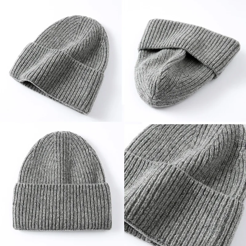 100% Merino Wool Beanie Hat Unisex Solid Color Crochet Skullies Autumn Winter Knitted Cap for Women Men Boys Girls