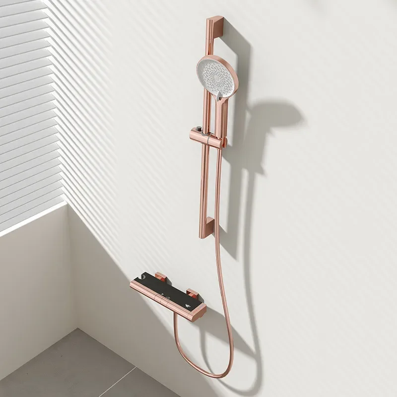 Rose Gold Bathroom Shower Faucet Set Brushed Gold Wall Mounted Solid Brass Thermostatic Bathtub Shower Set