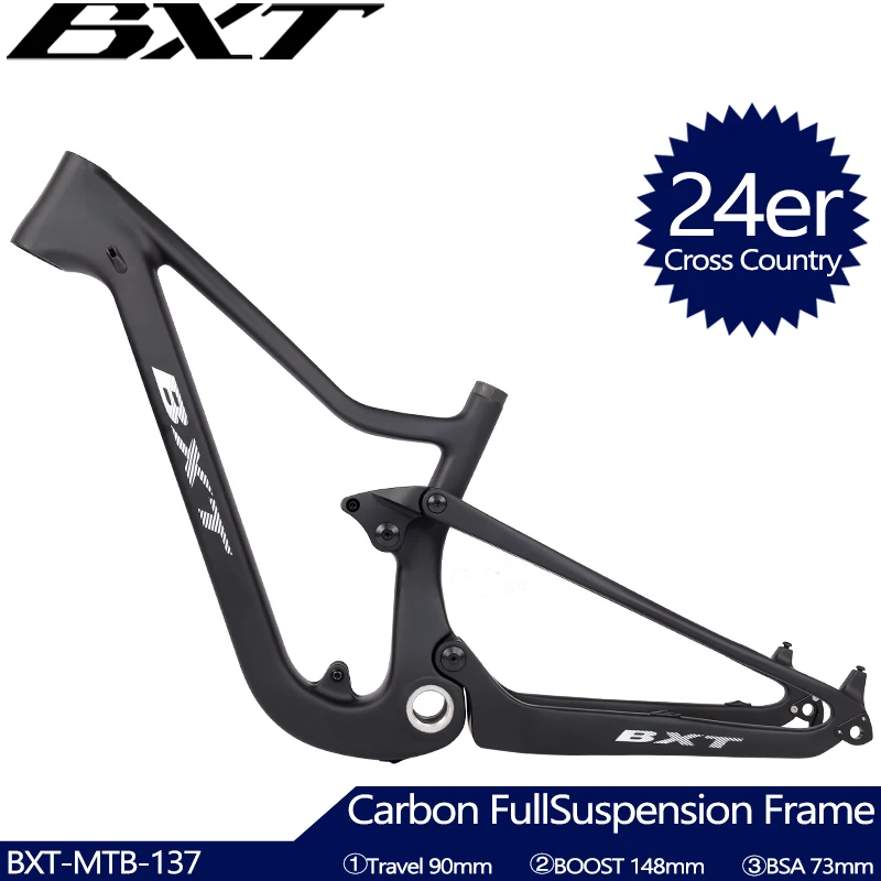 

BXT Carbon Full Suspension MTB Frame 24er Travel 90mm Mountain Full Suspension Bicycle Frame for Height 135-150cmGirl Boy