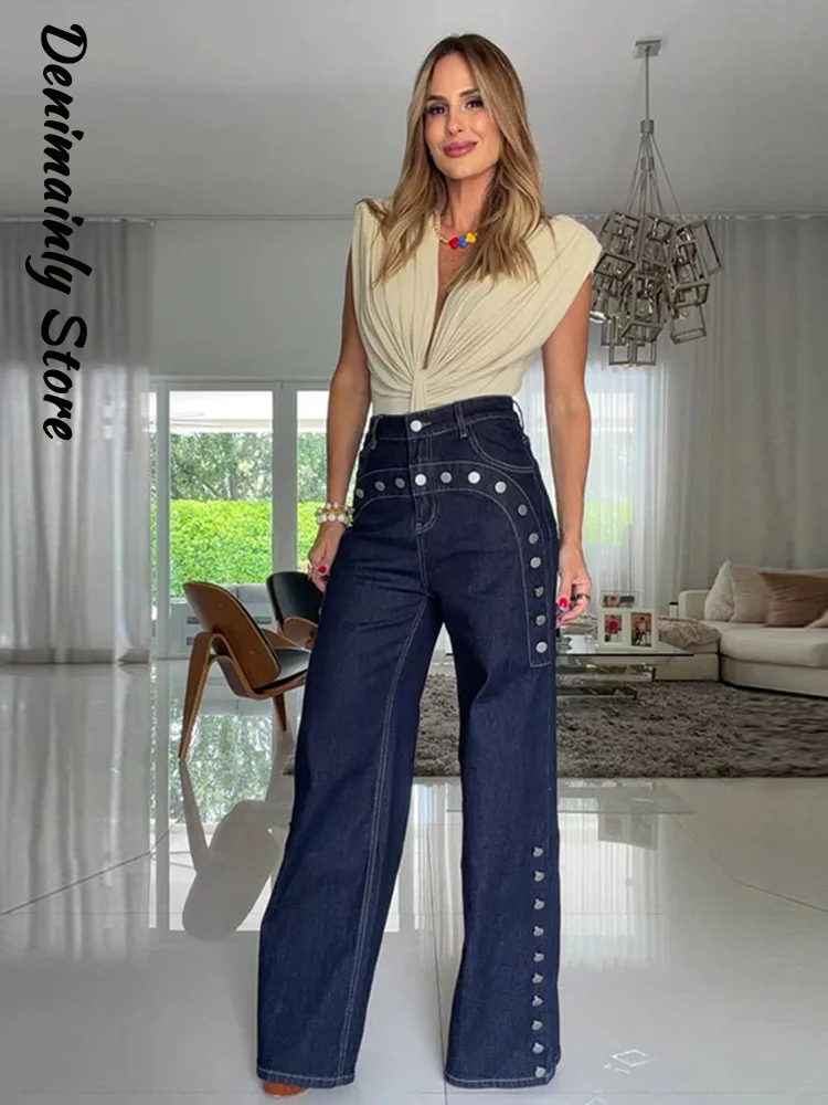 Street Women's Metal Rivet Jeans High Waist Zipper Pockets Buttons Wide Leg Denim Trouser 2026 Autumn Lady Street Y2K Chic Pants