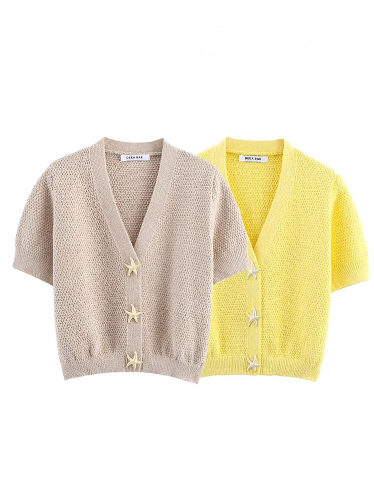 เสื้อครอปถักลายปลาดาวติดกระดุมแฟชั่นฤดูร้อนสำหรับผู้หญิง สไตล์เก๋ไก๋ คอวี แขนสั้น แจ็คเก็ตคาร์ดิแกน