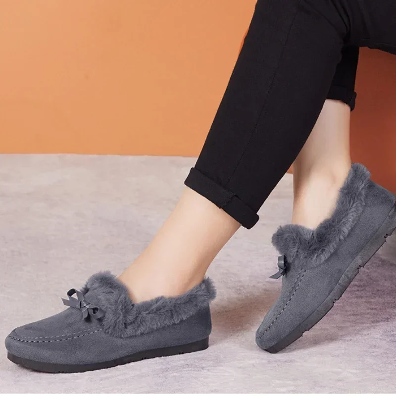 ผู้หญิงฤดูหนาวรองเท้าสบายๆใหม่รองเท้าแตะนุ่มแบนลื่นLoafersแฟชั่นComfort Warm Plush Bow Slipบนรองเท้าผ้าฝ้ายหญิง