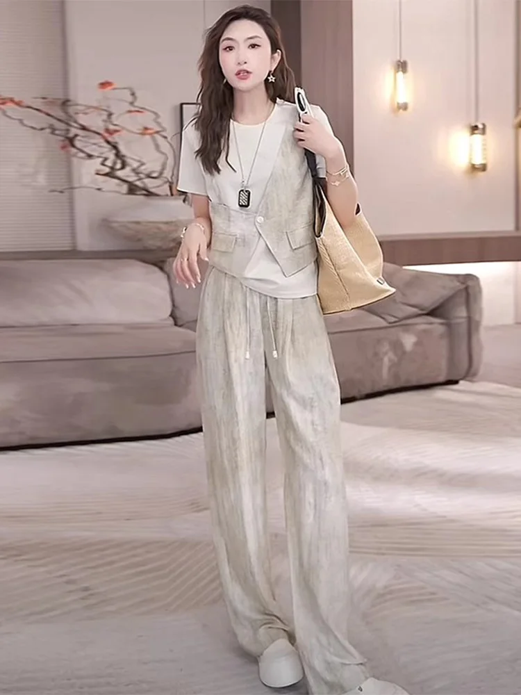 

Slimming High Waist Straight Leg Pants Tie Dye Top Fashionable Two Piece Set Elegant Summer Outfit for Women 25-35 Years Old
