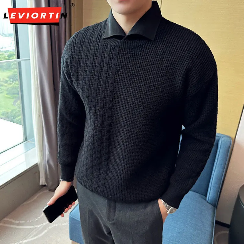 

Autumn and winter vacation two-piece new men's sweater lazy style thick Fried Dough Twists sweater lapel sweater casual pullover