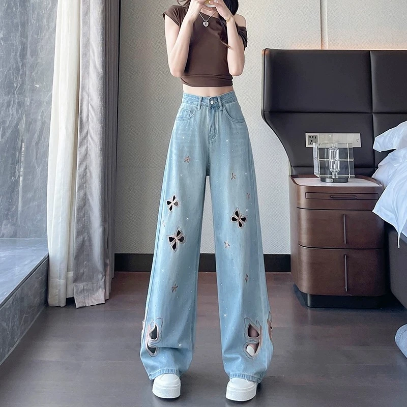 Diamond Studded Light Blue Butterfly Embroidered Hollowed Out Jeans Spring Summer High Waist Women Wide Leg Chic Denim Pants