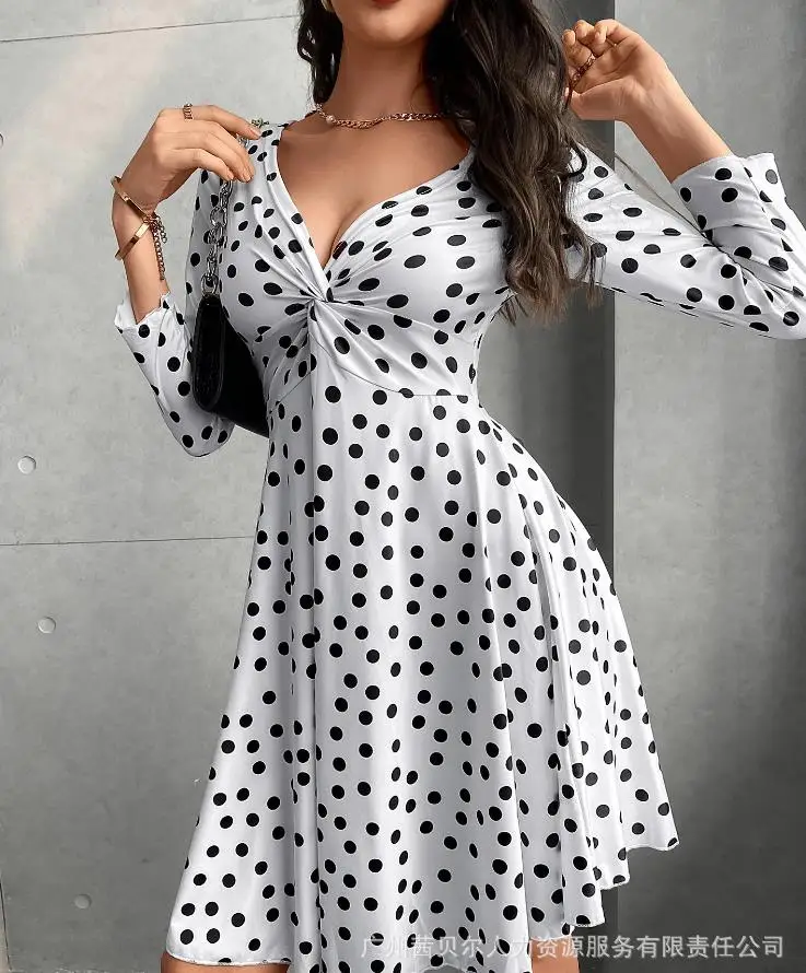 

Women's White Elegant Polka Dot Dress Temperament Commuting Female Clothing New Fashion Womens Long Sleeve Midi A-Line Dresses