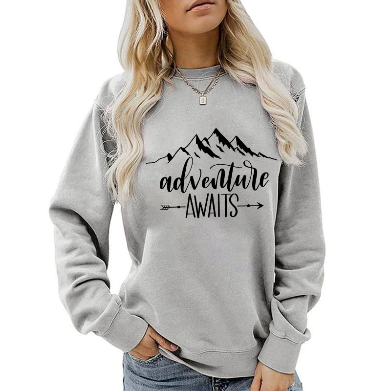 (A+Quality)New Fashion Autumn Winter Outerwear Women Sweatshirt Mountains Adverture Awaits Printed Sweatshirts Round Neck  tops