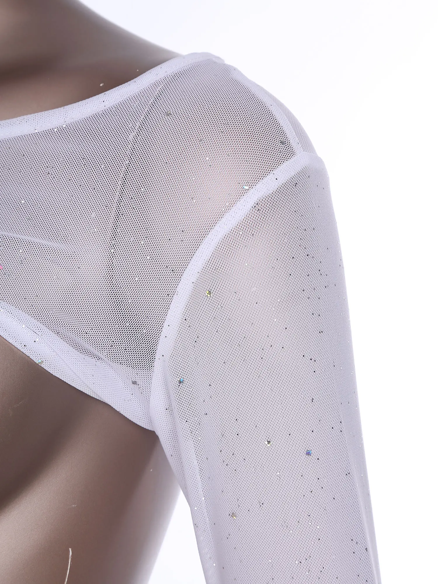 Coprispalle da balletto da donna Top in rete con strass Manica lunga Glitter Pullover Anti Snag Crop Top Ginnastica Danza moderna Top