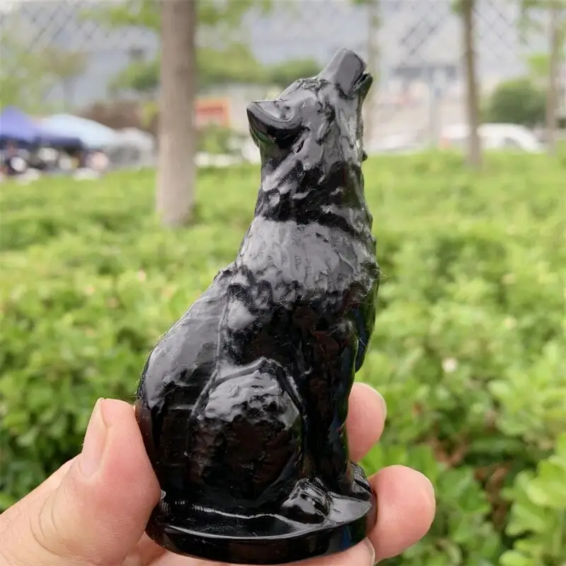 

Natural Black Obsidian Wolf Carving Healing Gemstone Animal Figurines Reiki Stone Lucky Decoration Gift 1pcs