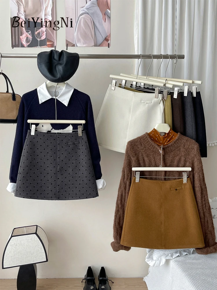 

Beiyingni 2025 Winter Woolen A-line Skirts for Women Dot Print Casual Kpop Slim High Waist Lining Mini Skirt Female Stylish Jupe
