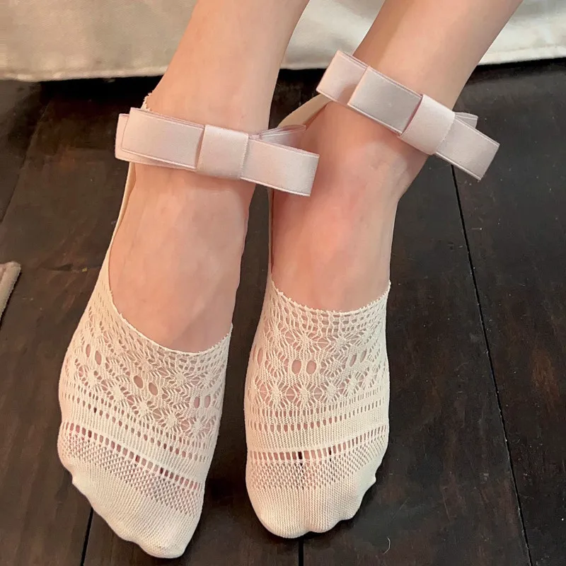 New Designer Socks Women's Summer Thin Cute Bow Lace Socks Ballet Lolita JK Mesh Fishnet Breathable Casual Invisible Short Socks image 5