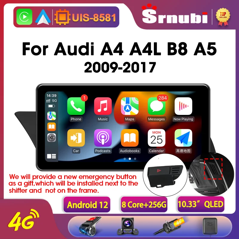 

Srnubi 10.33" Android 12 Car Multimedia Player 2Din Head unit For Audi A4 A4L S4 B8 A5 S5 2009-2017 Carplay DSP 4G GPS Wifi DVD