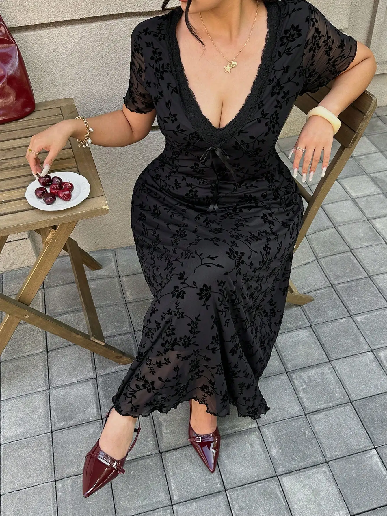 

Black Floral Lace V-Neck Short Sleeve Midi Dress with Sheer Overlay