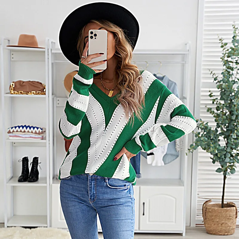 

Autumn Winter Women Striped Splicing Long Sleeve Winter Tops Sweaters Clothes Female Loose Knit Sweater Fashion Knitwear