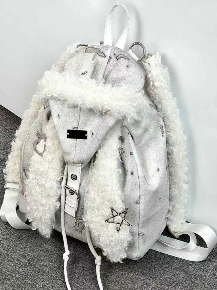 

Cute Rabbit Ear Plu Bapa Large Capaci Commuter Versatile Bookbag Soft Canvas oulder Straps Square ape Storage