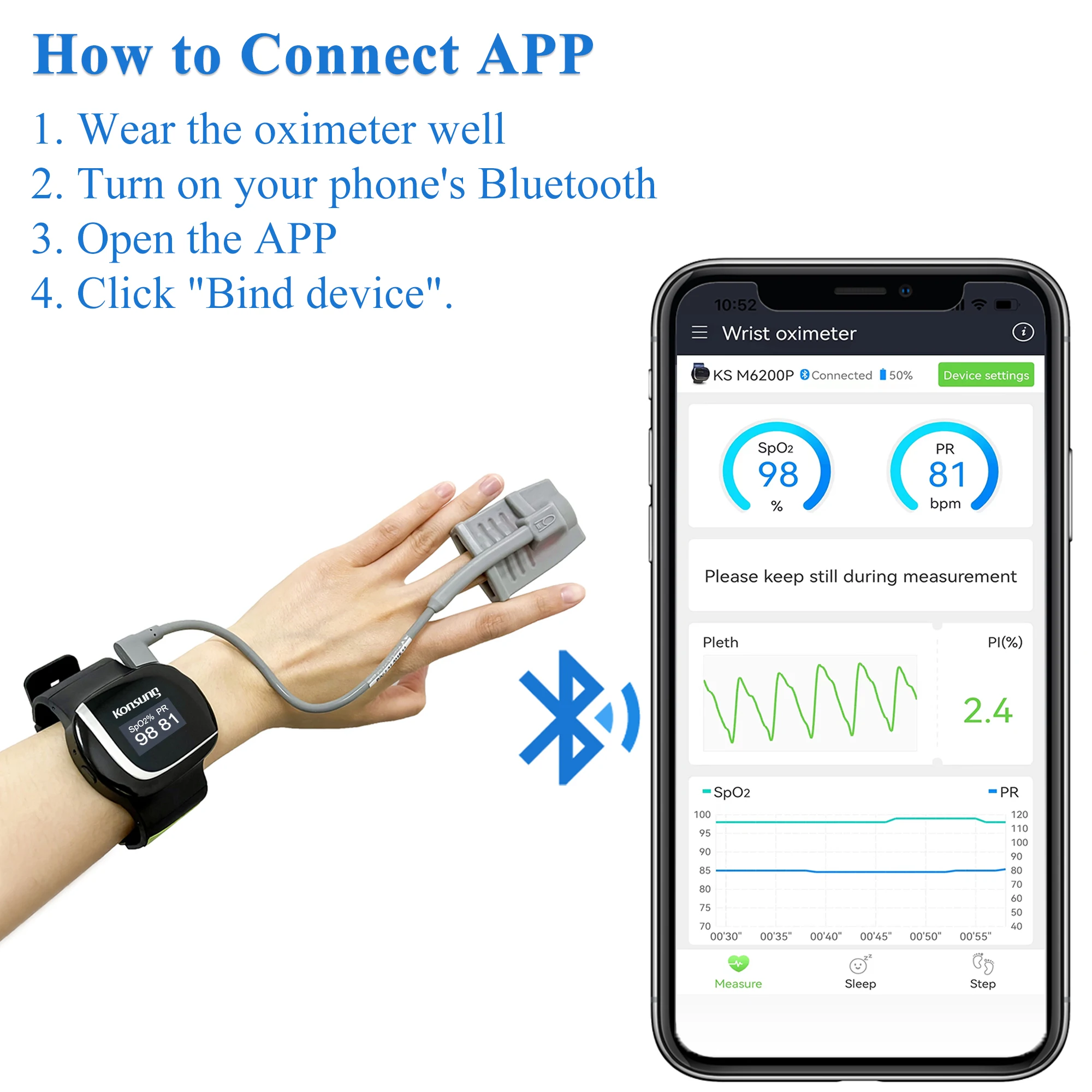 Konsung Pulsioximetro de Muñeca Recargable Monitor de Oxigeno con APP Seguimiento Nocturno para SpO2 y PR Alarma de Apnea del Sueño W01LT