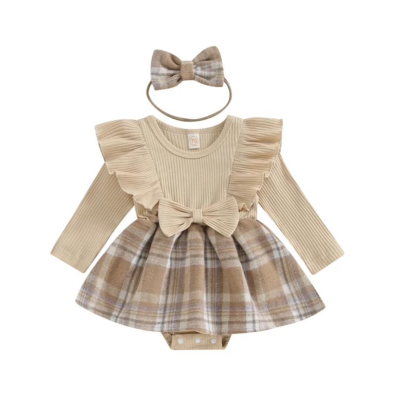 Baby Girl 2Pcs Fall Outfits Ruffle Long Sleeve Plaid Print Skirt Romper with Headband Set Infant Girls Cute Bodysuits Clothes