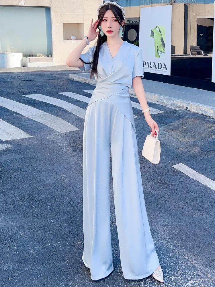 

Ele ort Sve Slim Fit Top High Waist Draped Wide Leg Pants Set Faionable Youthful Weight Loss Meat Concealing Two P...