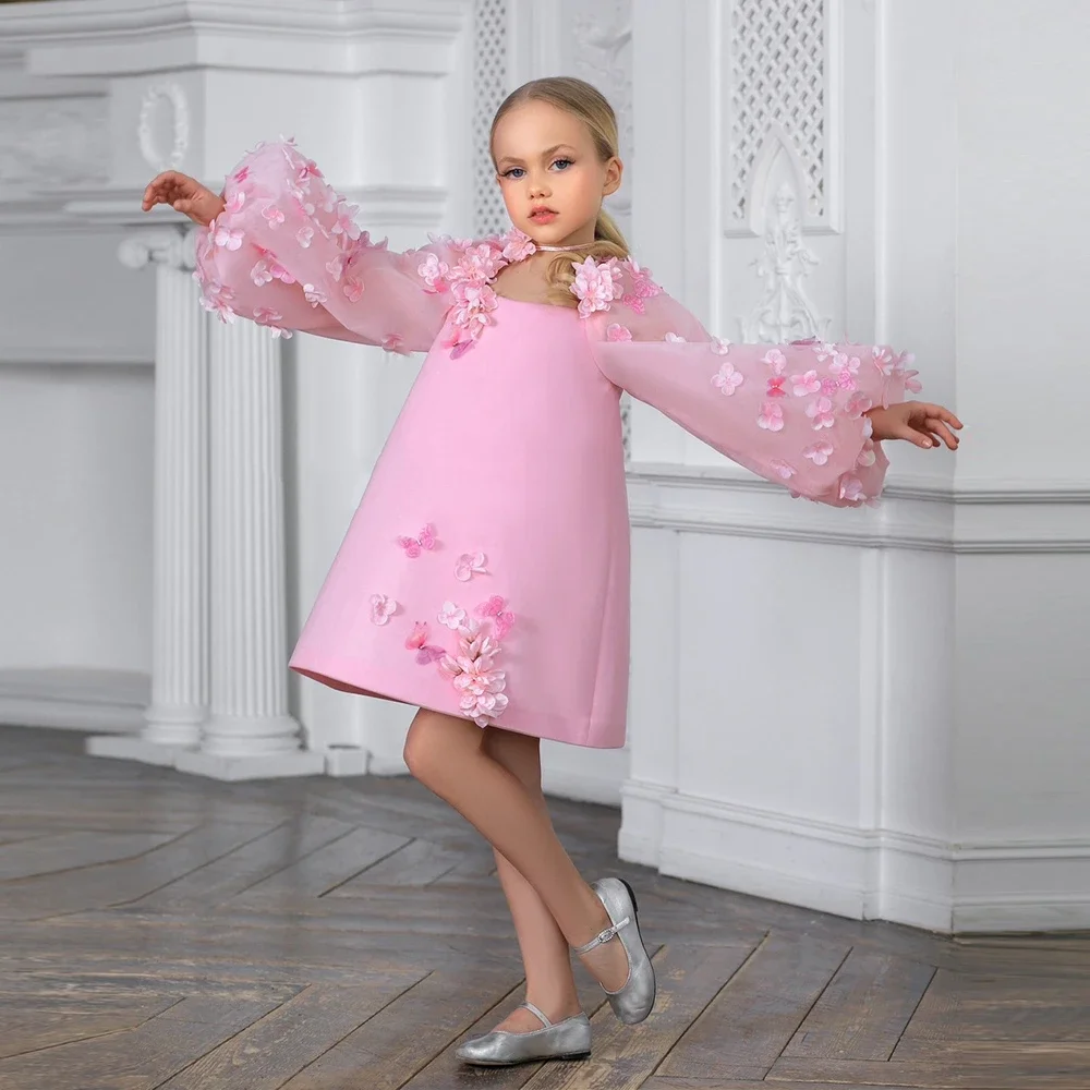 

Pink Flower Girls Dresses with Applique 2025 Summer Knee Length Puffy Full Sleeve Christmas Dresses for Princess فستان عيد الميل