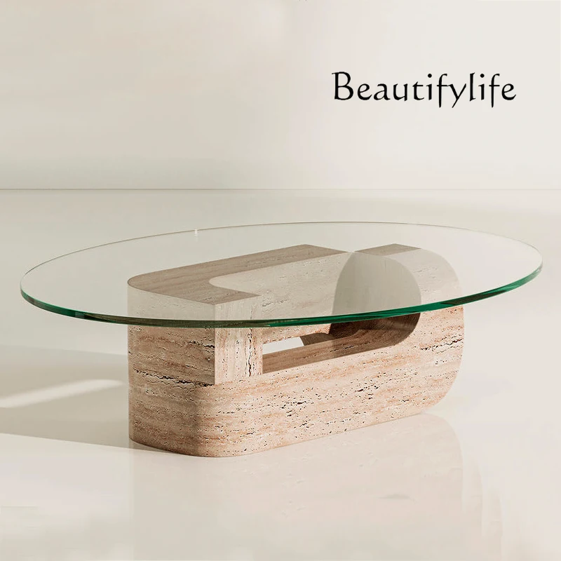 Natural travertine coffee wabi wind living room oval glass coffee table light luxury high-end tea table table